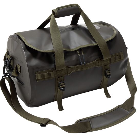 Waterproof Duffel Bag with MOLLE-style webbing, padded straps, and dual zippers, ideal for rugged, weatherproof gear transport.