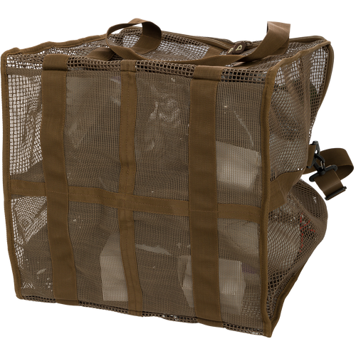 Brown mesh Floater Series Decoy Bag with zippered lid and polypropylene shoulder straps, featuring durable, quick-drying vinyl-coated mesh for secure, easy transportation of decoys.
