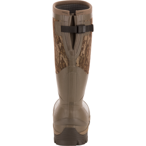 BMF1600 17 Rubber Boot with Primaloft Insulation, featuring olive-brown rubber, camouflage fabric, and adjustable strap, perfect for wet terrain and hunting comfort.