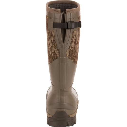 BMF1600 17 Rubber Boot with Primaloft Insulation, featuring olive-brown rubber, camouflage fabric, and adjustable strap, perfect for wet terrain and hunting comfort.