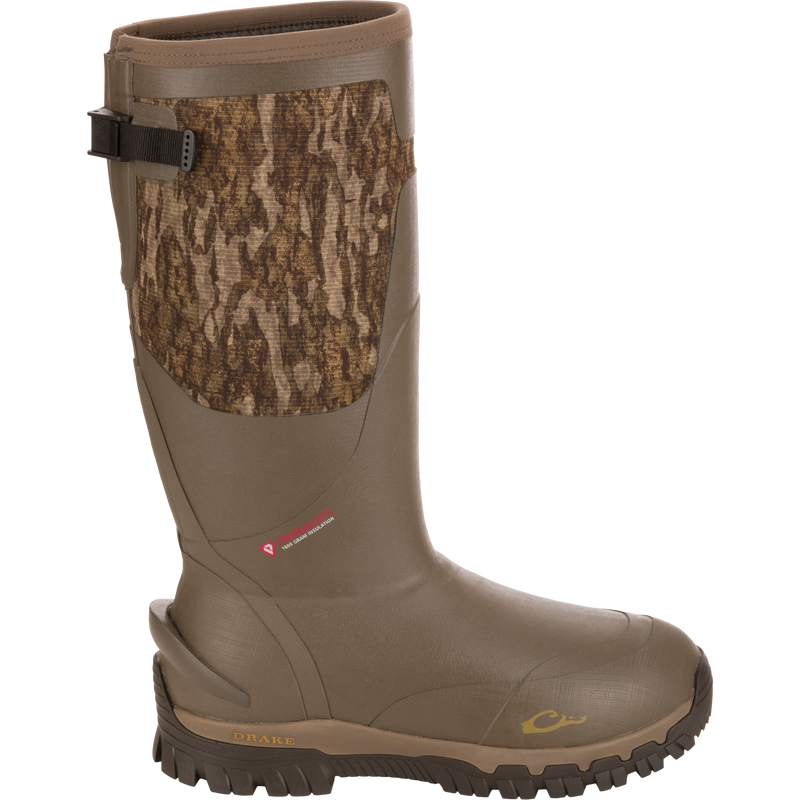 BMF1600 17 Rubber Boot with Primaloft Insulation featuring olive-brown rubber, camouflage shaft, adjustable strap, and Drake branding, designed for optimal warmth and durability.