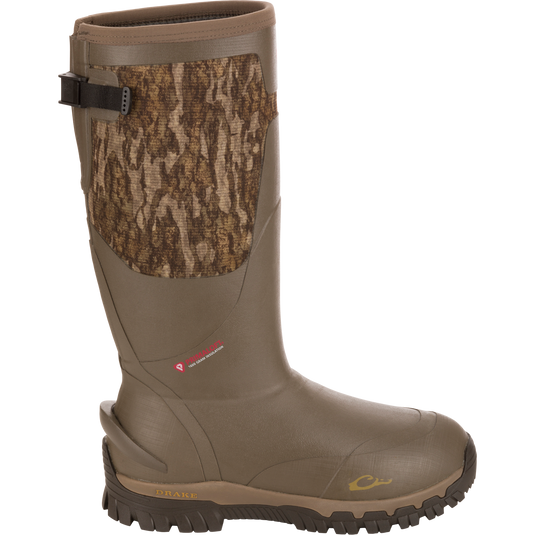 BMF1600 17 Rubber Boot with Primaloft Insulation featuring olive-brown rubber, camouflage shaft, adjustable strap, and Drake branding, designed for optimal warmth and durability.