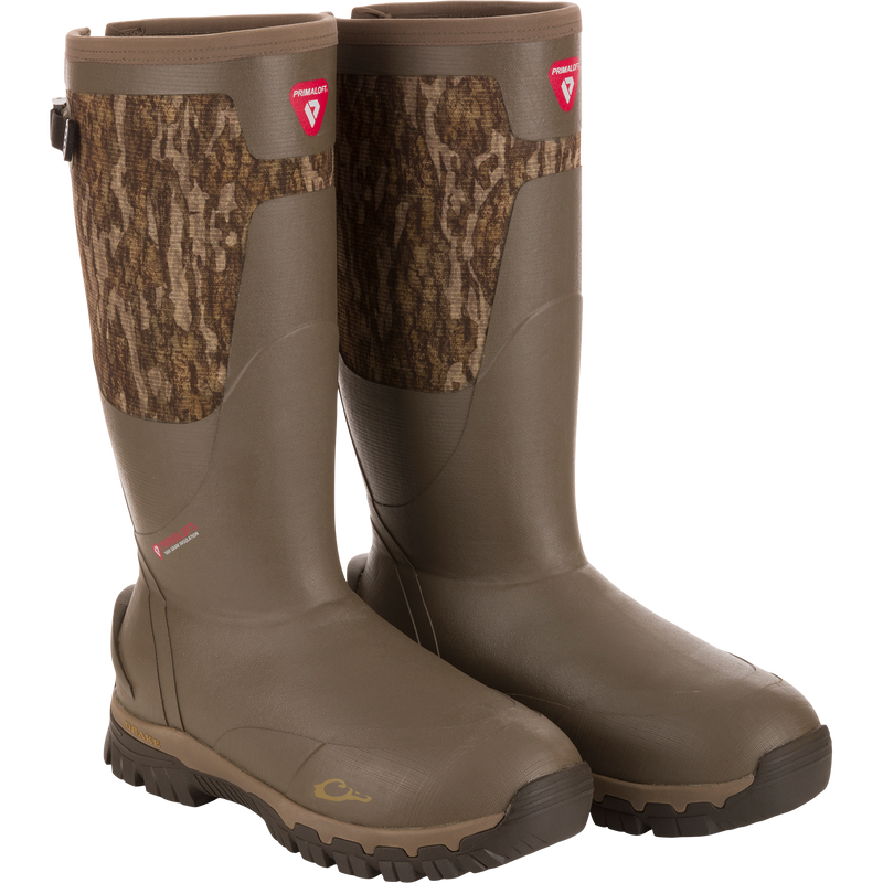 BMF1600 17 Rubber Boot with Primaloft Insulation, featuring camouflage panels, lugged soles, and a gusseted back, ideal for hunting in wet conditions.