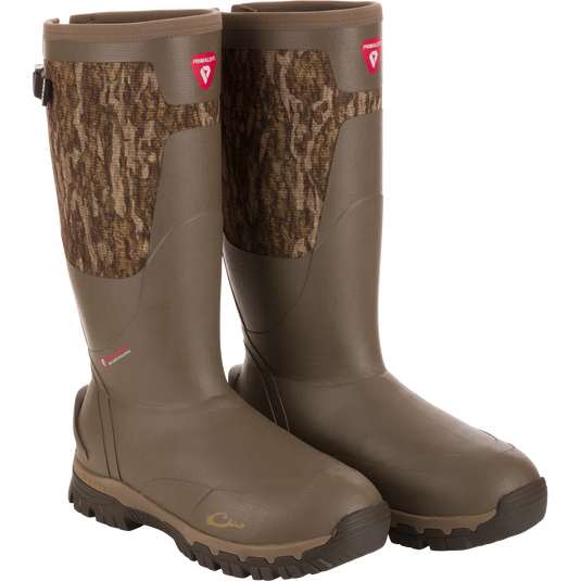 BMF1600 17 Rubber Boot with Primaloft Insulation, featuring camouflage panels, lugged soles, and a gusseted back, ideal for hunting in wet conditions.