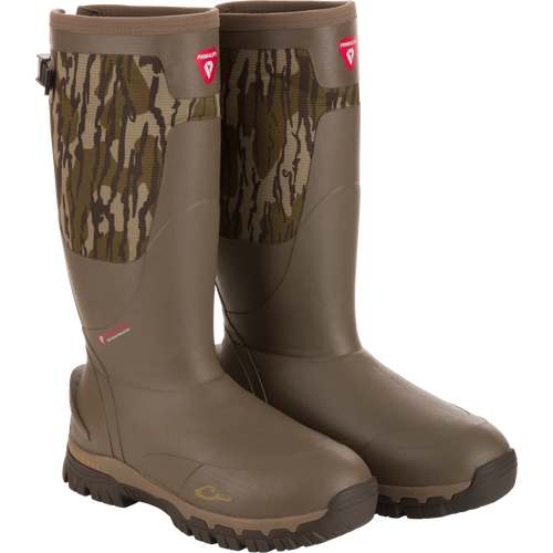 BMF1600 17 Rubber Boot with Primaloft Insulation, featuring camouflage upper, rugged soles, gusseted back, and moisture-wicking liner, ideal for hunting and wet-weather conditions.