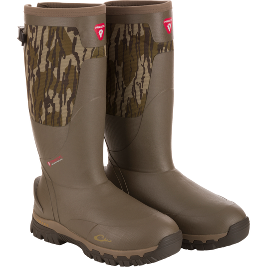 BMF1600 17 Rubber Boot with Primaloft Insulation, featuring camouflage upper, rugged soles, gusseted back, and moisture-wicking liner, ideal for hunting and wet-weather conditions.