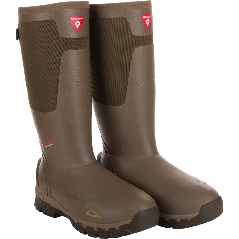BMF1600 17 Rubber Boot with Primaloft Insulation, featuring tall, knee-high design, heavy tread, gusseted back, and PrimaLoft logo for hunting and wet-weather activities.