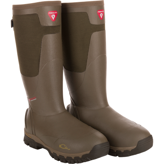 BMF1600 17 Rubber Boot with Primaloft Insulation, featuring tall, knee-high design, heavy tread, gusseted back, and PrimaLoft logo for hunting and wet-weather activities.