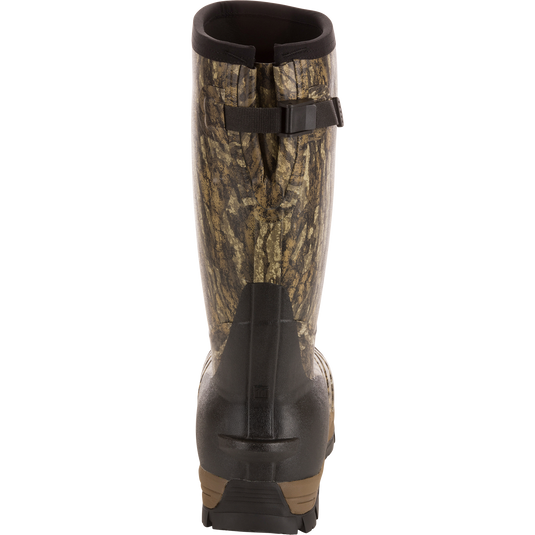Rear view of EST Uninsulated 16 Hybrid Mudder Boot 3.0, featuring camo pattern, adjustable calf strap, and gusseted back for fit, emphasizing durability and comfort.