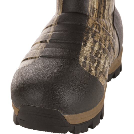 EST Uninsulated 16 Hybrid Mudder Boot 3.0 close-up, showcasing black rubber toe cap and camouflage upper, designed for durability and comfort in rugged environments.