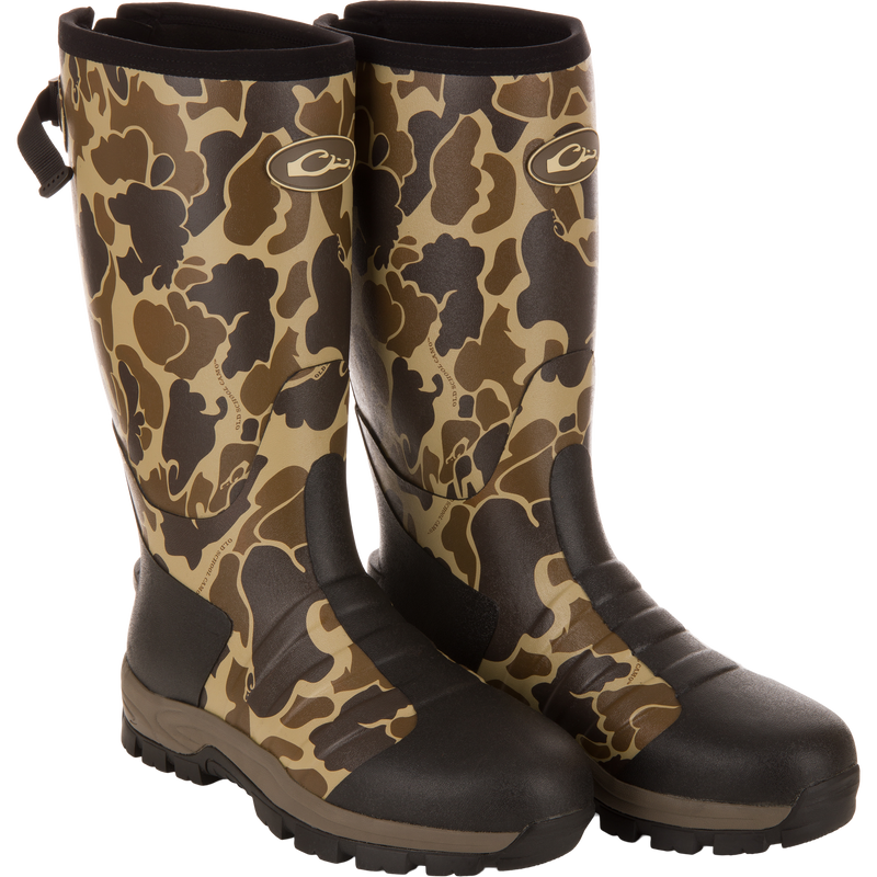 EST Uninsulated 16 Hybrid Mudder Boot 3.0 with camo pattern, rugged soles, reinforced toes, adjustable top strap, gusseted back, and fleece lining for comfort.