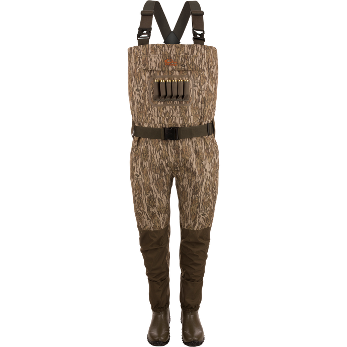 Hardline Uninsulated Breathable Wader with built-in boots, adjustable straps, reinforced legs, front cargo pouch, and shell loops, ideal for waterfowl hunting.