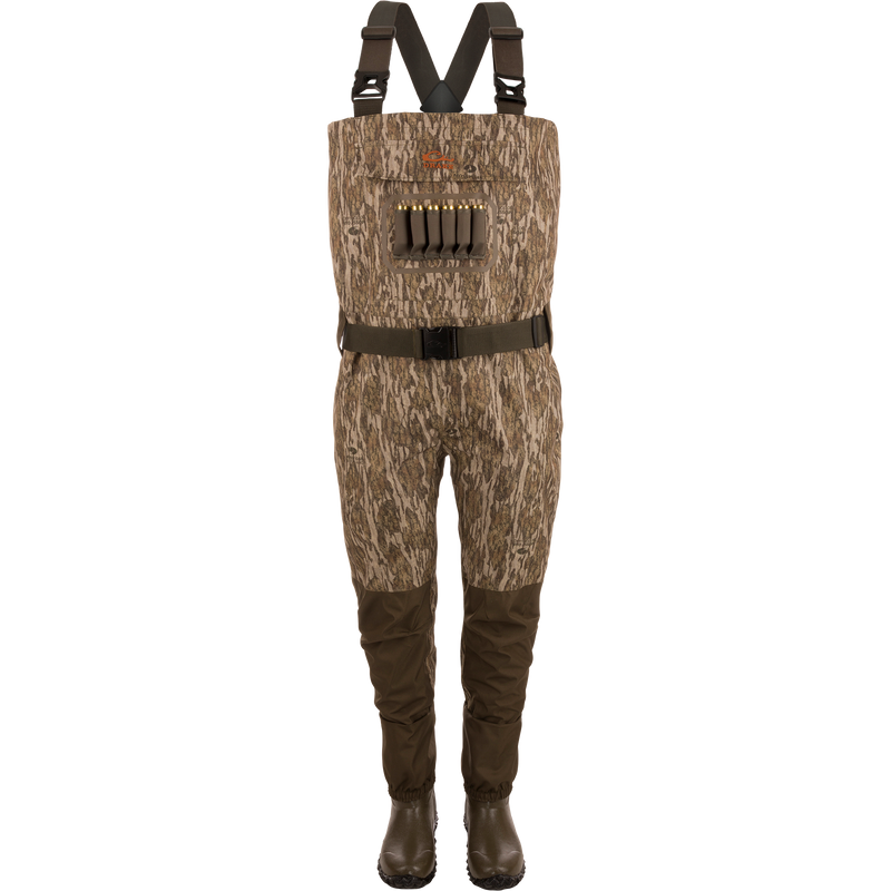 Hardline Uninsulated Breathable Wader with built-in boots, adjustable straps, reinforced legs, front cargo pouch, and shell loops, ideal for waterfowl hunting.
