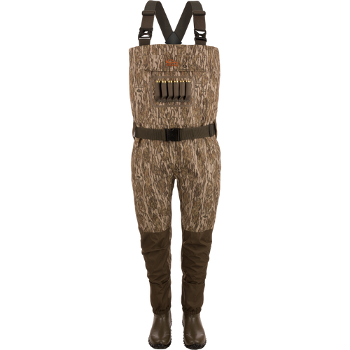 Hardline Uninsulated Breathable Wader with built-in boots, adjustable straps, reinforced legs, front cargo pouch, and shell loops, ideal for waterfowl hunting.