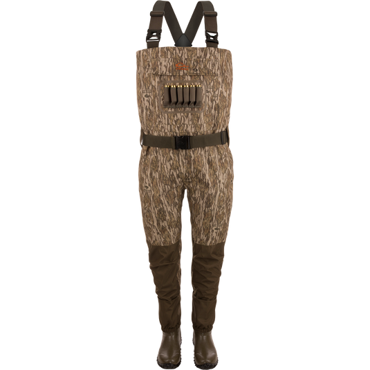 Hardline Uninsulated Breathable Wader with built-in boots, adjustable straps, reinforced legs, front cargo pouch, and shell loops, ideal for waterfowl hunting.