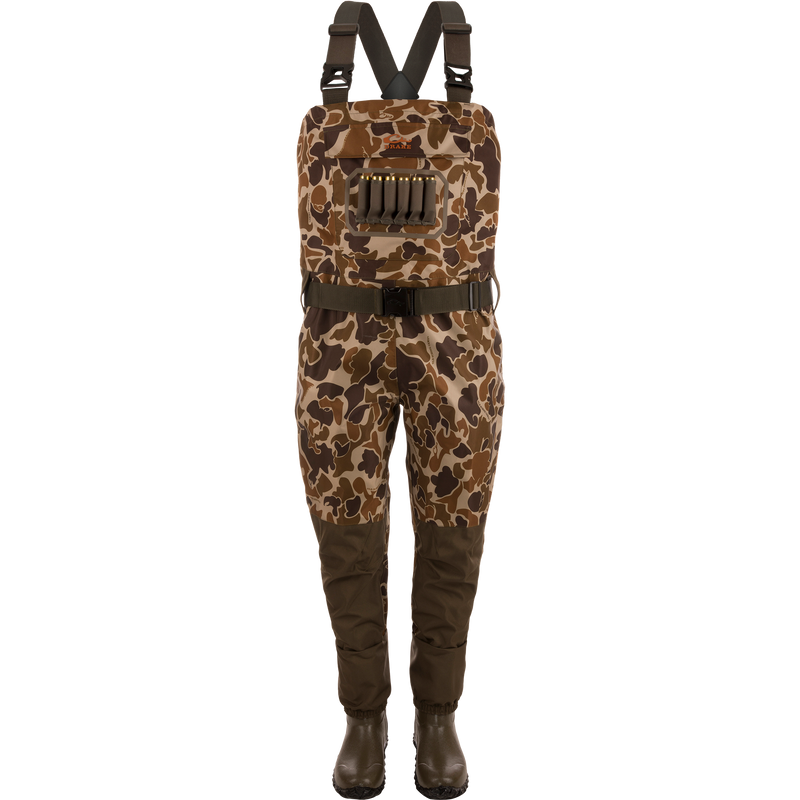 Hardline Uninsulated Breathable Wader with chest-high camo design, built-in rubber boots, adjustable straps, waist belt, and shell holder, ideal for waterfowl hunting.