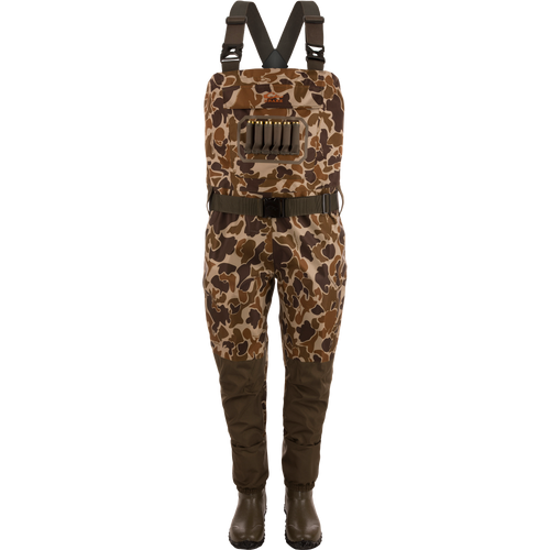 Hardline Uninsulated Breathable Wader with chest-high camo design, built-in rubber boots, adjustable straps, waist belt, and shell holder, ideal for waterfowl hunting.
