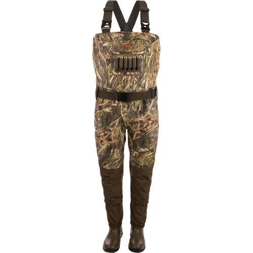 Hardline Uninsulated Breathable Wader with camouflage design, adjustable suspenders, built-in boots, front cargo pouch, and shell loops for waterfowl hunting.