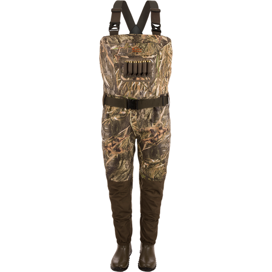 Hardline Uninsulated Breathable Wader with camouflage design, adjustable suspenders, built-in boots, front cargo pouch, and shell loops for waterfowl hunting.