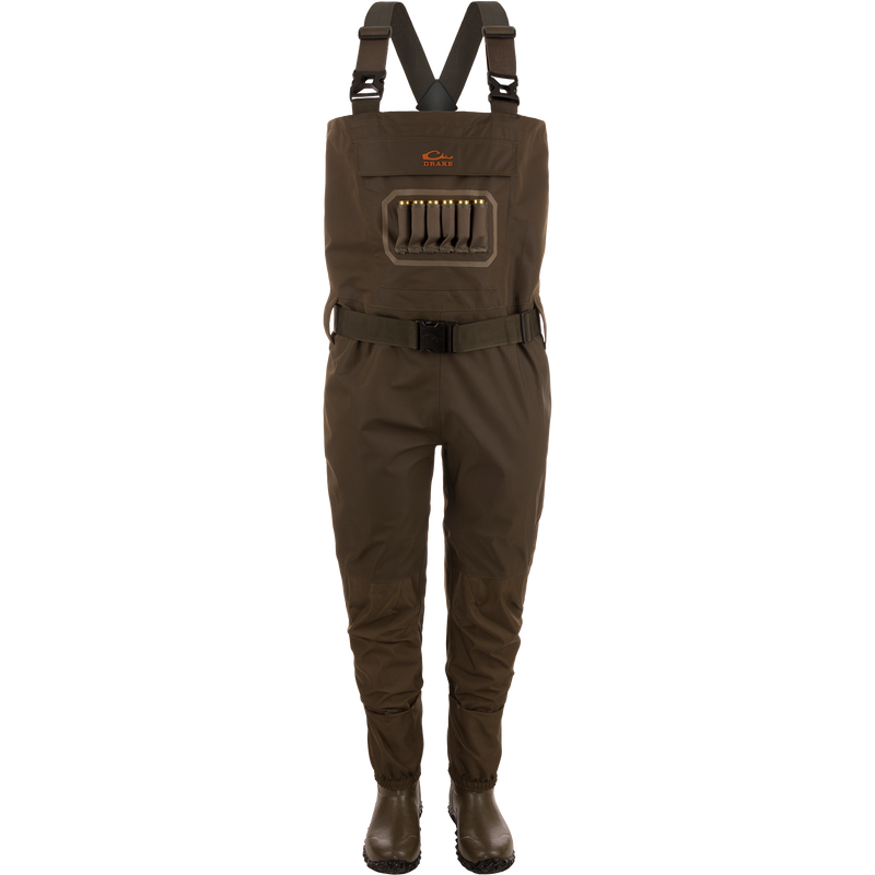 Hardline Uninsulated Breathable Wader with built-in rubber boots, adjustable straps, front shell loops, and a cargo pouch, ideal for waterfowl hunting and outdoor adventures.