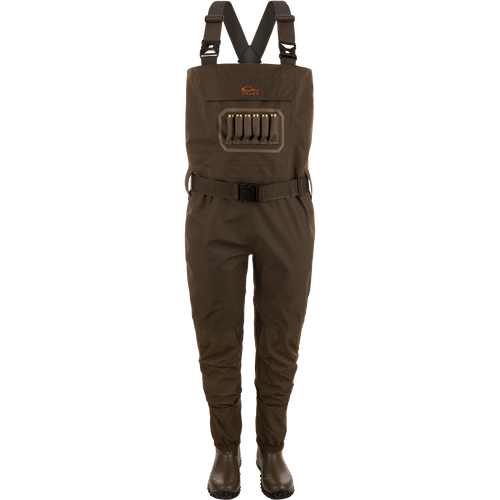Hardline Uninsulated Breathable Wader with built-in rubber boots, adjustable straps, front shell loops, and a cargo pouch, ideal for waterfowl hunting and outdoor adventures.