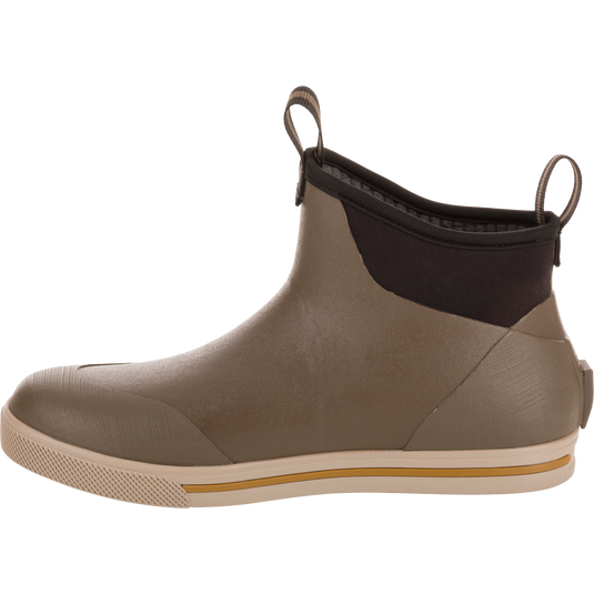Camp Deck Boot, ankle-height with neoprene collar, pull tabs, waterproof rubber exterior, and siped outsole for traction; ideal for outdoor adventures.