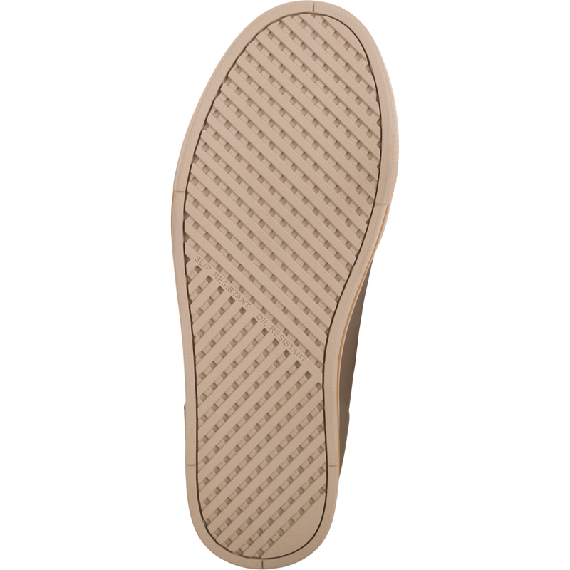 Close-up of Camp Deck Boot outsole, showcasing beige rubber tread with SLIP RESISTANT and OIL RESISTANT stamps, highlighting the boot's traction for outdoor adventures.