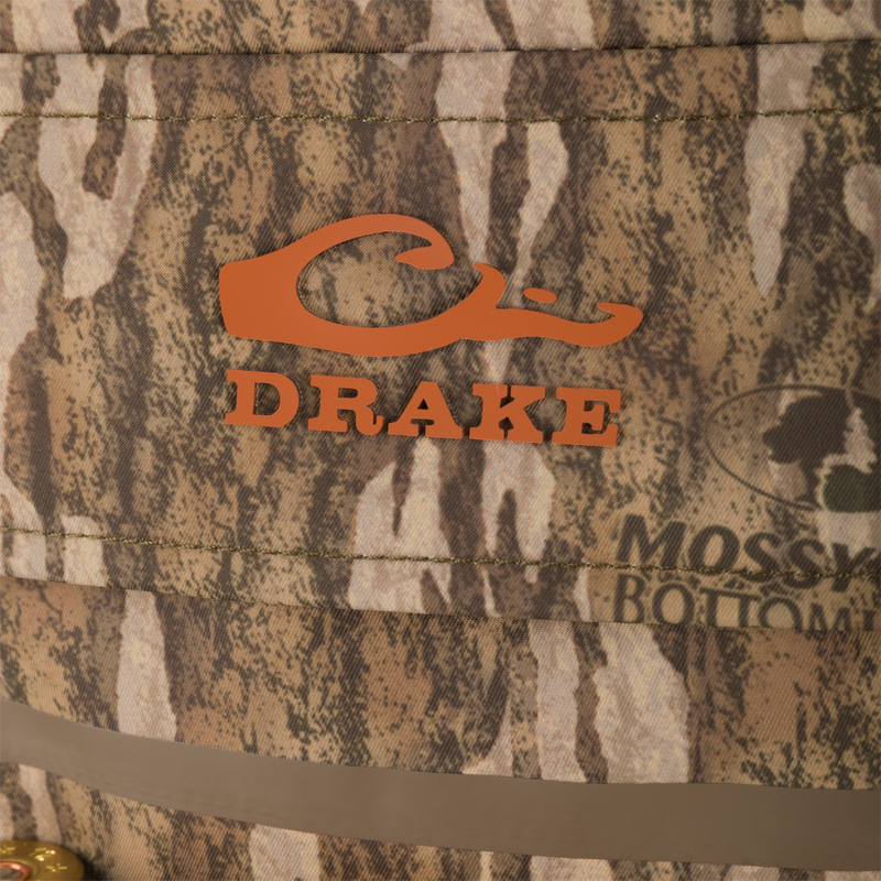 Camouflage bucket-style hat with DRAKE in orange, showcasing the Hardline Insulated Breathable Wader's rugged design and functionality for outdoor adventures.