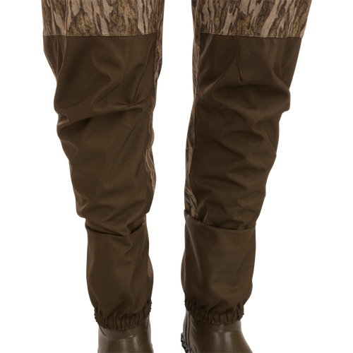 Hardline Insulated Breathable Wader showcasing camouflage-patterned waterproof waders with built-in rubber boots, designed for warmth and protection during outdoor adventures.