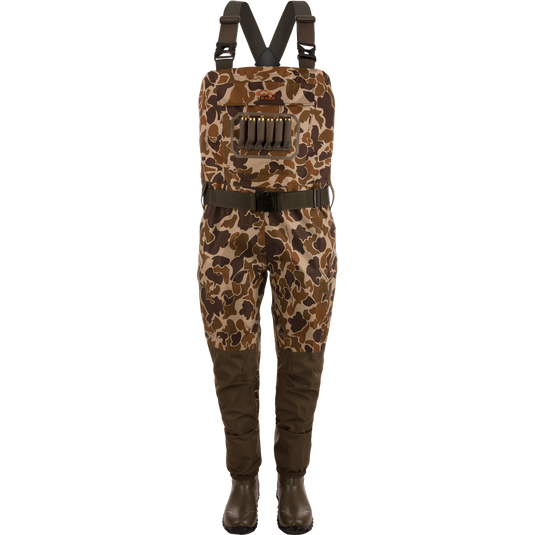 Hardline Insulated Breathable Wader with camo pattern, built-in rubber boots, adjustable straps, shell loops, and a front cargo pouch for hunting in cold conditions.