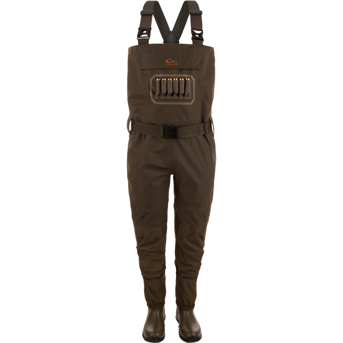 Drake's Hardline Insulated Breathable Wader with built-in boots, adjustable suspenders, and front bib pocket with shotgun shells, ideal for cold-weather hunting.