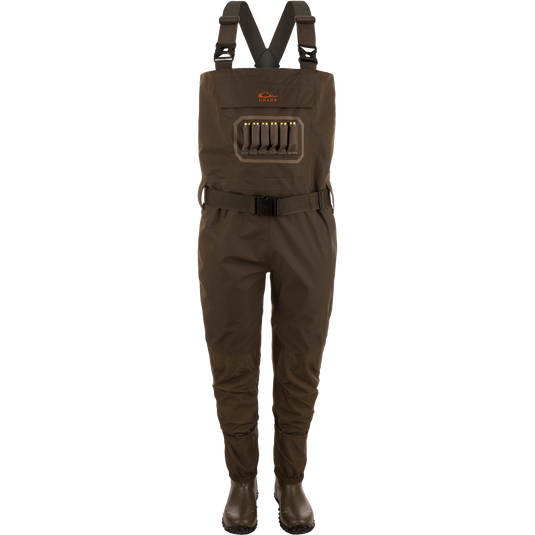 Drake's Hardline Insulated Breathable Wader with built-in boots, adjustable suspenders, and front bib pocket with shotgun shells, ideal for cold-weather hunting.