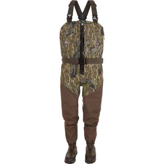 Uninsulated Guardian Elite HND Front Zip Waders featuring camouflage torso, brown legs, built-in boots, adjustable suspenders, and front zipper for enhanced hunting performance and durability.