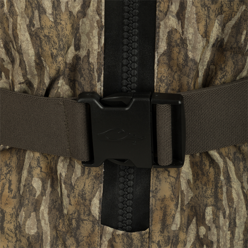 Close-up of the Insulated Guardian Elite HND Front Zip Wader's durable zipper and buckle, highlighting its reinforced waterproof fabric and advanced insulation features.