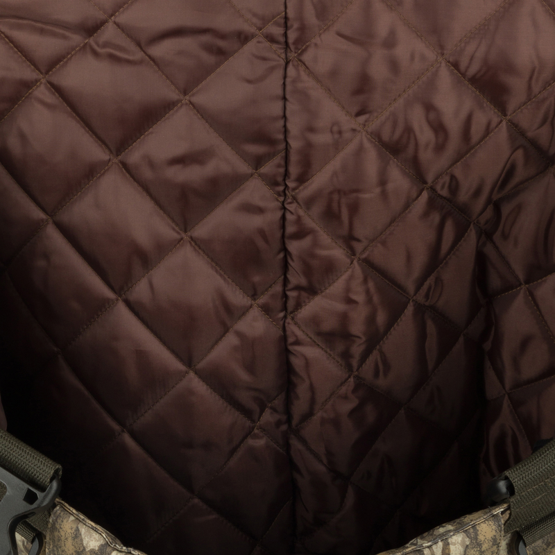 Insulated Guardian Elite HND Front Zip Wader- Brown, close-up of durable quilted surface and reinforced seams, showcasing waterproof and windproof fabric for cold weather protection.