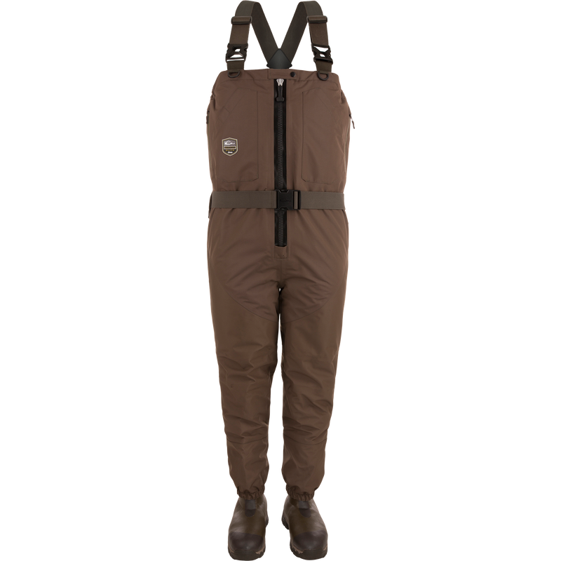 Insulated Guardian Elite HND Front Zip Wader with straps and reinforced boots, featuring a TiZIP® MasterSeal vertical zipper and Thinsulate® boot lining for warmth and durability.