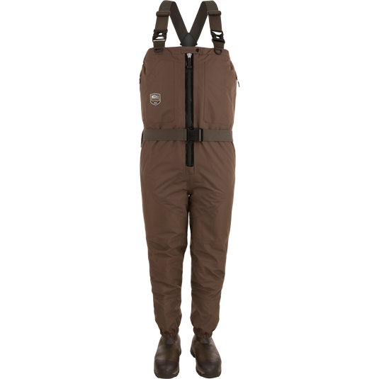 Insulated Guardian Elite HND Front Zip Wader with straps and reinforced boots, featuring a TiZIP® MasterSeal vertical zipper and Thinsulate® boot lining for warmth and durability.
