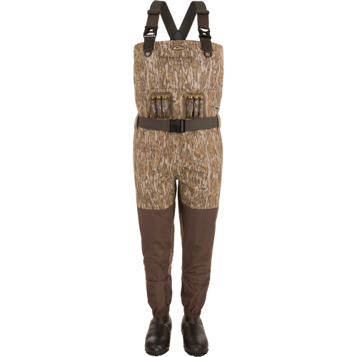 Uninsulated Guardian Elite Vanguard Breathable Waders featuring 1600g Thinsulate Buckshot Mud Boots, reinforced seams, handwarmer pockets, front cargo pouch, and vertical shell loops.