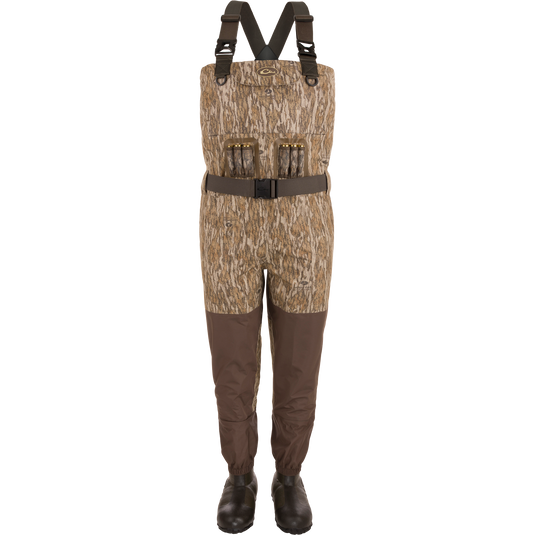 Uninsulated Guardian Elite Vanguard Breathable Waders featuring 1600g Thinsulate Buckshot Mud Boots, reinforced seams, handwarmer pockets, front cargo pouch, and vertical shell loops.