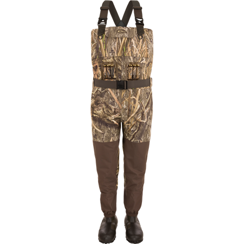 Uninsulated Guardian Elite Vanguard Breathable Wader with camouflage overalls, reinforced taped seams, and 1600g Thinsulate Buckshot Mud Boots, ideal for extreme hunting conditions.
