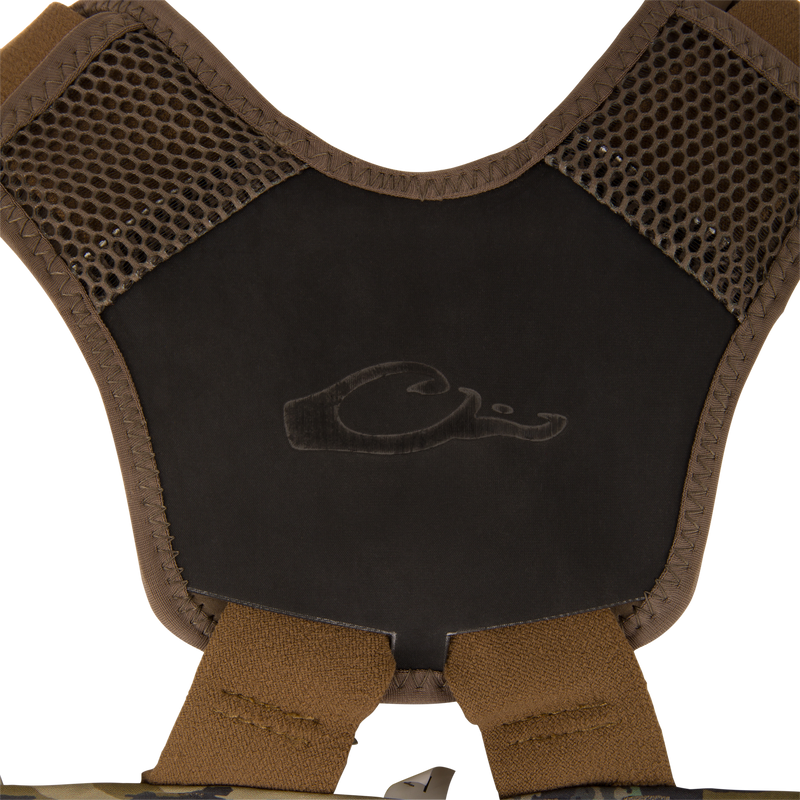 BMF1600 Kevlar Wader with Primaloft, showcasing tactical-style harness with mesh-padded shoulder yokes, central logo panel, and adjustable straps for modular vest integration.