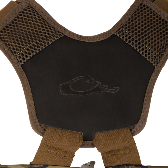 BMF1600 Kevlar Wader with Primaloft, showcasing tactical-style harness with mesh-padded shoulder yokes, central logo panel, and adjustable straps for modular vest integration.