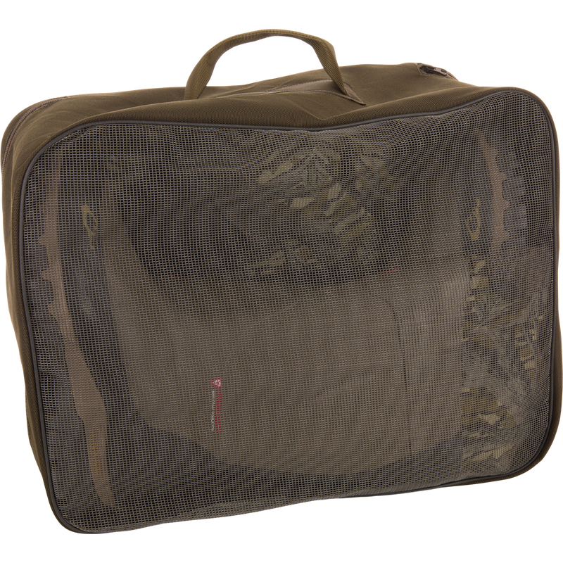 BMF1600 Kevlar Wader with Primaloft inside an olive-green travel packing cube, visible through mesh panel, showcasing its compact storage for hunting gear.