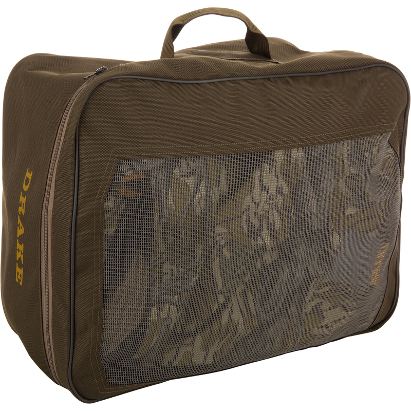 Drake BMF1600 Kevlar Wader with Primaloft in olive-drab, featuring a large mesh front panel, designed for hunters to store and transport gear.