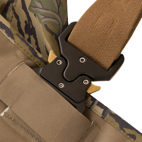 Close-up of a tactical-style belt assembly with a heavy-duty Cobra buckle on the BMF1600 Kevlar Wader, highlighting its durable, high-performance features for hunting.