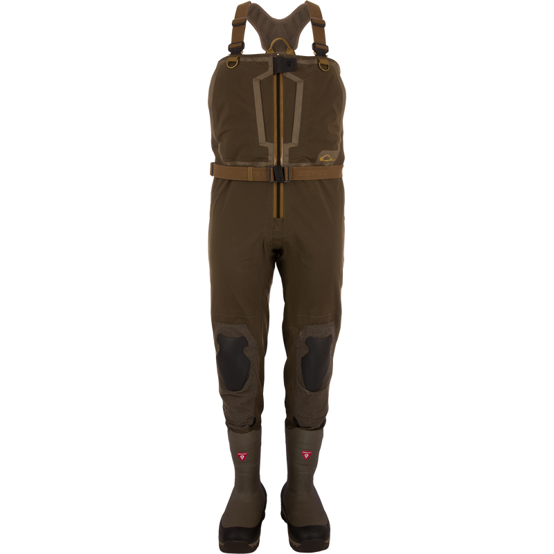 BMF1600 Kevlar Wader with Primaloft featuring chest-high design, built-in rubber boots, adjustable straps, reinforced knees, and front zipper for high performance water resistance.