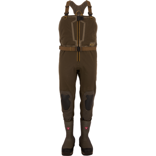 BMF1600 Kevlar Wader with Primaloft featuring chest-high design, built-in rubber boots, adjustable straps, reinforced knees, and front zipper for high performance water resistance.