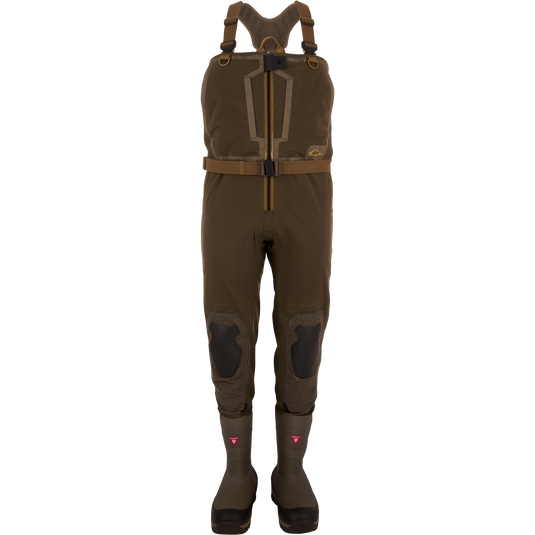 BMF1600 Kevlar Wader with Primaloft featuring chest-high design, built-in rubber boots, adjustable straps, reinforced knees, and front zipper for high performance water resistance.