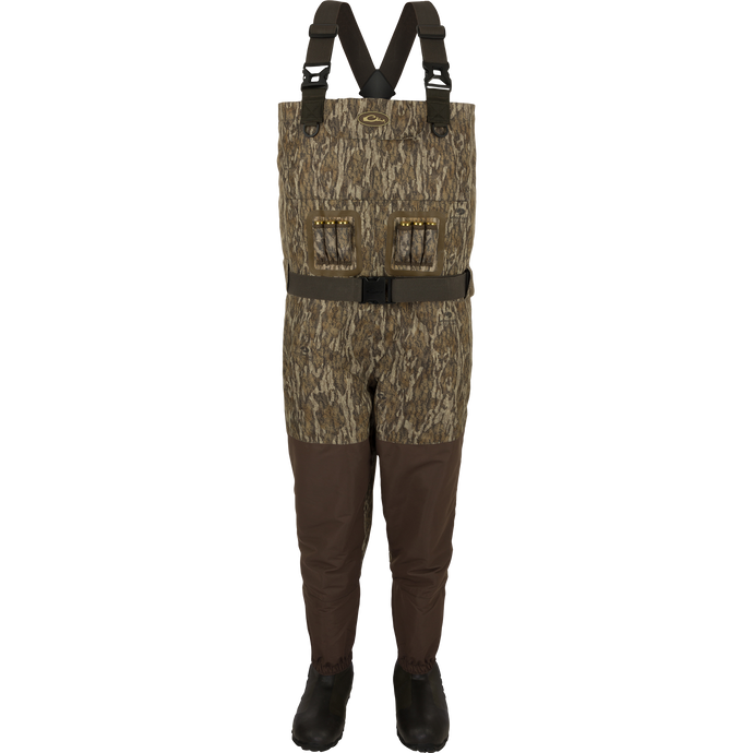 Insulated Guardian Elite Vanguard Breathable Waders - Camouflage waders. Ideal for cold conditions. Waterproof, windproof, and breathable fabric. LokDown insulation for warmth. Store gear in cargo pouch and zippered pocket.