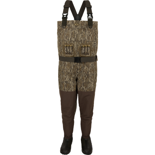 Insulated Guardian Elite Vanguard Breathable Waders - Camouflage waders. Ideal for cold conditions. Waterproof, windproof, and breathable fabric. LokDown insulation for warmth. Store gear in cargo pouch and zippered pocket.